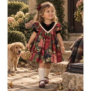 Vintage Jo Lene Girls 3T Rose Floral Velvet Dress Made in USA Holiday